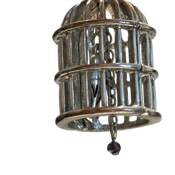 Vintage Long Silver Tone Necklace Bird Cage Pendant Articulated Bird Dangling - Picture 6 of 7